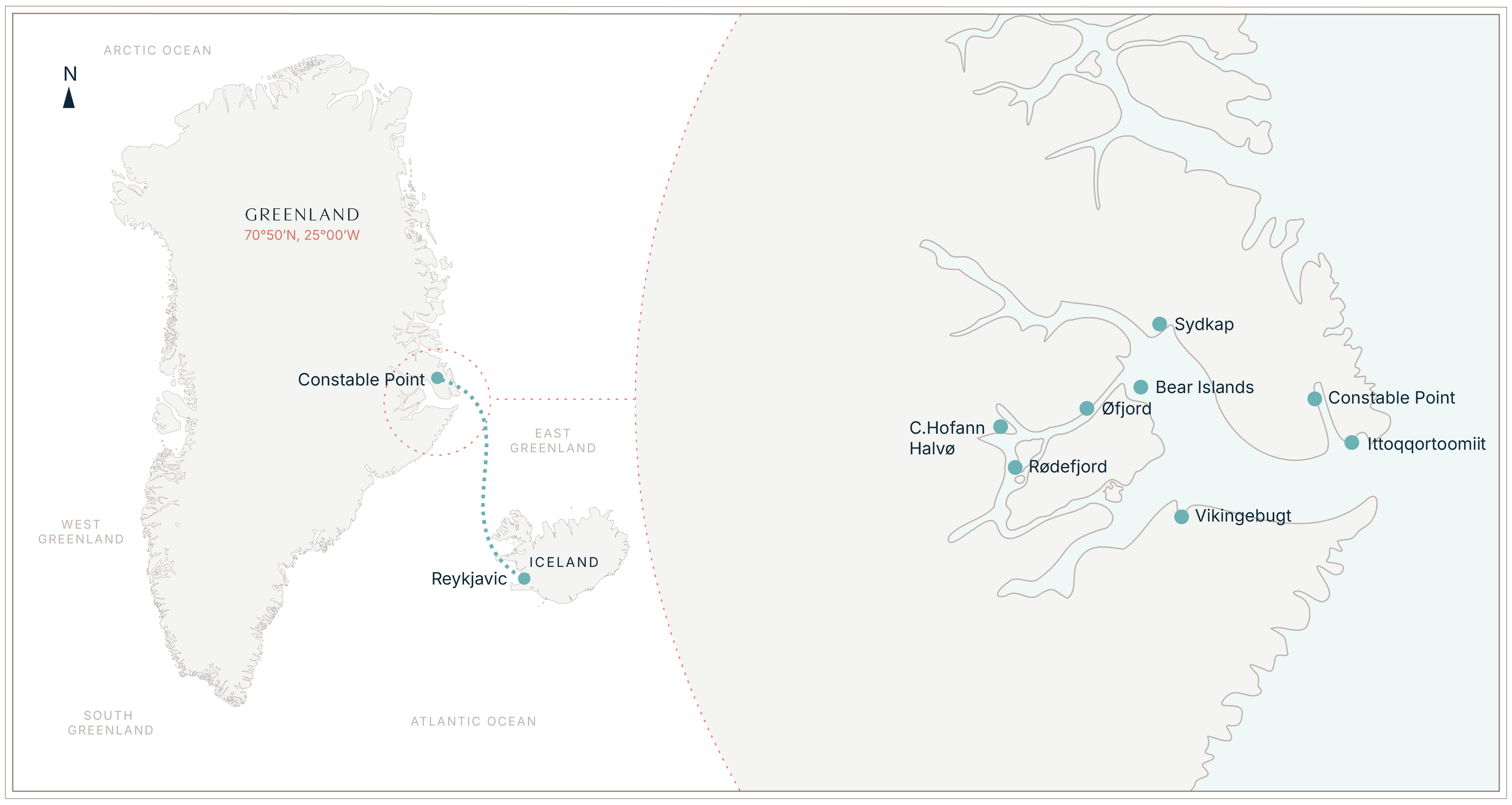 Scoresbysund Northern Lights Photo Tour w/ Randy Hanna Itinerary Map